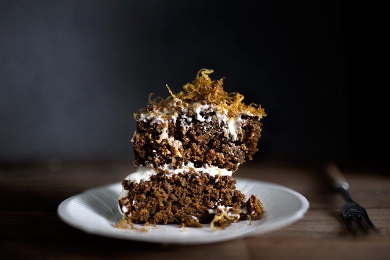 Lady and Pups CARROT GINGERBREAD CAKE W/ CARDAMON FROSTING + GINGER FRIES