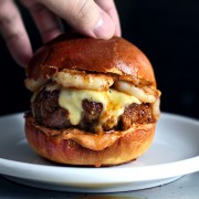 MEXICAN CHORIZO + GARLIC SHRIMP BURGER
