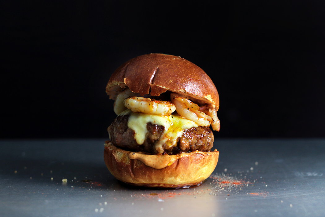 MEXICAN CHORIZO + GARLIC SHRIMP BURGER Lady and Pups