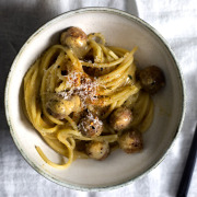 MISO CARBONARA W/ MINI SAUSAGE MEATBALLS