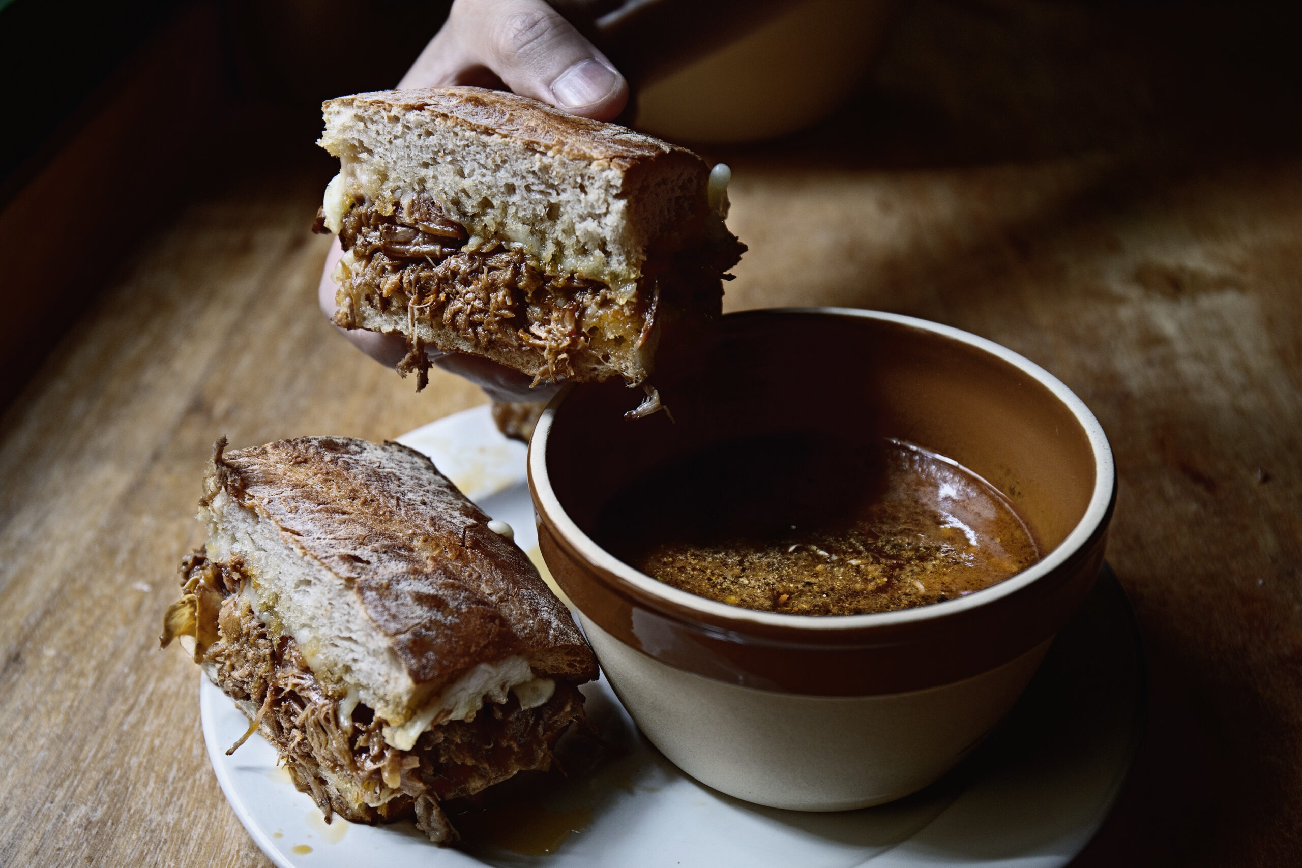 miso stewed short-ribs French-dip sandwich
