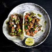 JERKED SRIRACHA ROAST PORK TACOS W KIWI SALSA VERDE