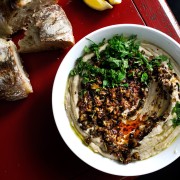 TANGY BEAMMUS WITH SPICY EGGPLANT AND MUSHROOM