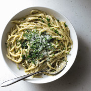 Needle point pasta in light blue cheese sauce