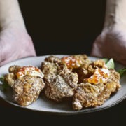 Japanese fried chicken (karaage) w/ salmon caviar (ikura)