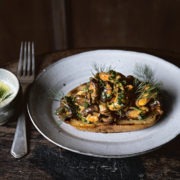 Spicy mussel and burnt mushroom toast w/ broth